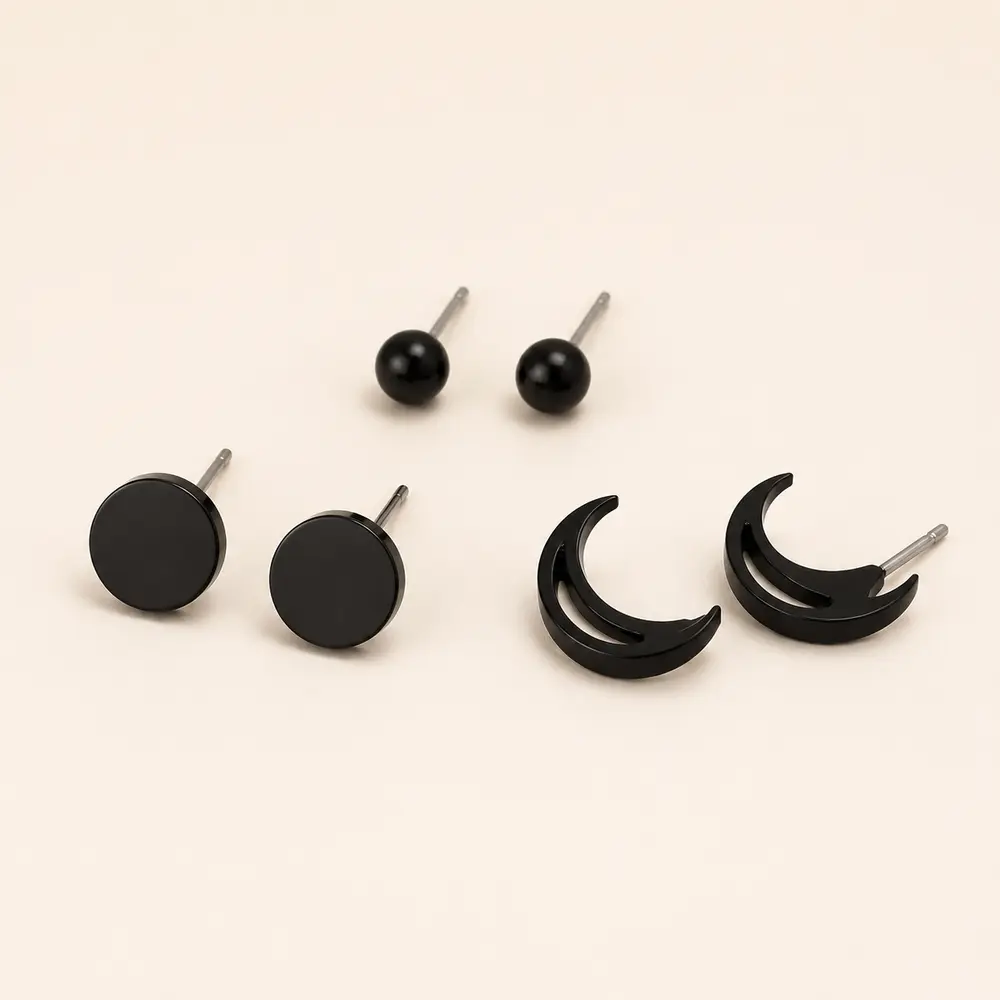 ست سه‌جفتی گوشواره میخی استیل مشکی کد E109