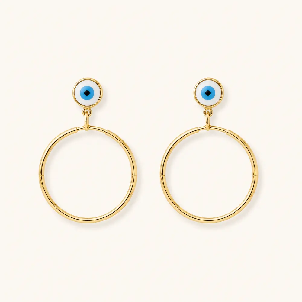 گوشواره حلقه‌ای زنانه طرح چشم‌نظر طلایی کد E100